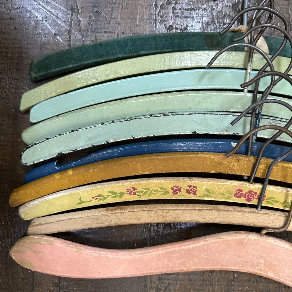 Vintage Painted Wooden Hangers Lot 12 Cottagecore Floral Velvet Shabby Chic